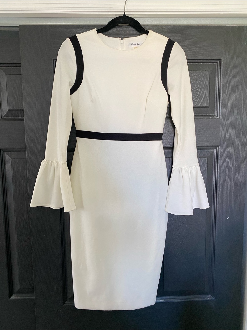 Calvin Klein White Dress with Black Trim and Bell Sleeves